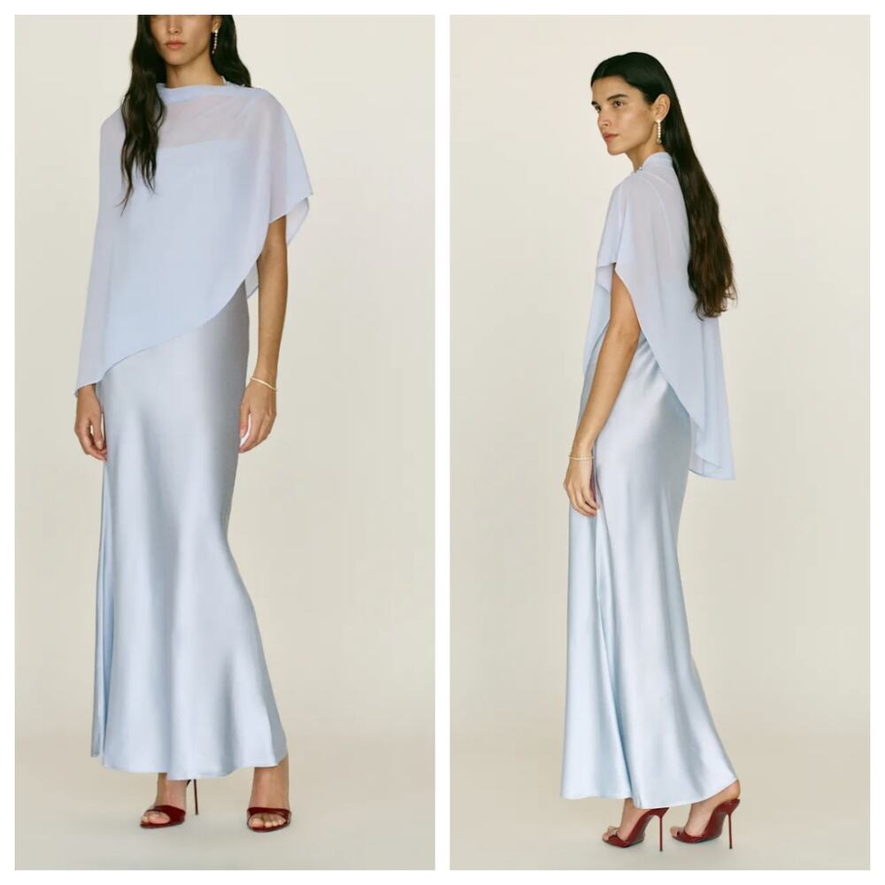 Reformation Lilibeth Blue Silk Cape Maxi Dress Mineral Size L